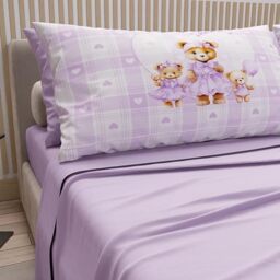 PETTI Artigiani Italiani - Cotton Sheets with Pillowcases in Digital Print, French Quarter Size, Complete Top and Bottom Sheet with Corners, Teddy Love Lilac, 100% Made in Italy