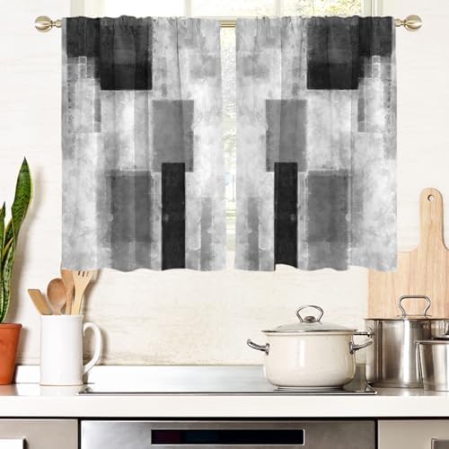 "AAtter Black White Kitchen Curtains, Abstract, 27.5"" W x 45"" L, 2 Panels - Dark Grey Rod Pocket, Small Short Bathroom Window Tiers, Modern Gothic Style, Cool Geometric Plaid, Trendy Checkered for Men"