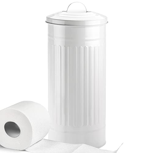 Autumn Alley White Toilet Paper Holder Canister with Lid ??? Vertical Rustproof Free-Standing Farmhouse Metal Toilet Tissue Caddy for 3 Mega Rolls, Rustic Enclosed Toilet Storage Stand