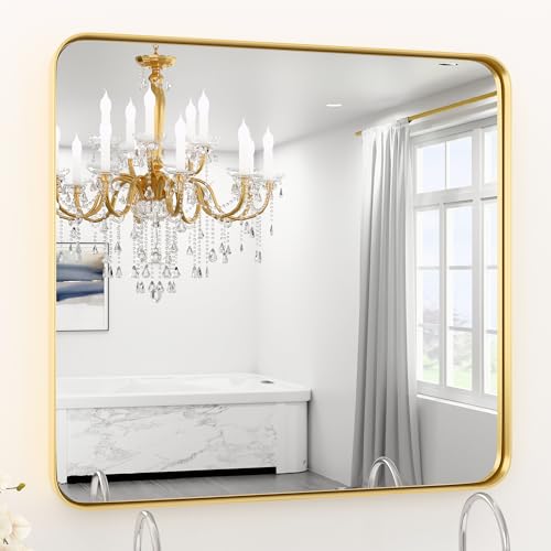 "YYXW 30""X30"" Large Gold Metal Framed Bathroom Mirror for Wall, Large Mirrors for Spacious Rooms,Gold Rounded Rectangle Mirror, Brushed Gold Bathroom Vanity Mirror Farmhouse, Anti-Rust, Tempered Glass"