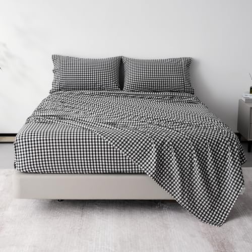"Best Season Cotton Checkered Queen Size Sheets Set 3 Piece, Black Gingham Bed Sheet 100% Cotton Luxury, Breathable & Cooling Sheets Queen Size Bed Set Deep Pockets Upto 16"" Black & White Plaid Sheets"