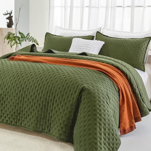 Andency Green Queen Size Quilt Bedding Set (90x96 Inch), 3 Pieces Soft Lightweight Bedspread Coverlet, Boho Summer Quilt Queen Size for All Season