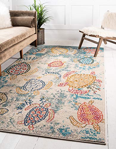 Unique Loom Positano Collection Coastal, Modern, Abstract, Turtles, Distressed, Vintage Area Rug (5' 0 x 8' 0 Rectangular, Beige/Blue)