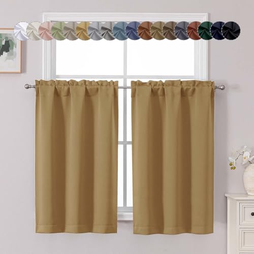 "Chyhomenyc Gold Short Blackout Curtains 45 Inch Length, Small Kitchen Curtain Tier Rod Pocket Half Window Curtains for Bathroom Basement Cabinet Camper RV Bunk, 2 PCS, Each 30"" Wx45 L"
