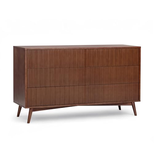Teamson Home Tremolo 140 cm Wide Horizontal Dresser Chest of Drawers with 6 Push-Open Drawers, Fluted Wood Fronts and Walnut Veneer Finish, Walnut, Brown