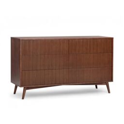 Teamson Home Tremolo 140 cm Wide Horizontal Dresser Chest of Drawers with 6 Push-Open Drawers, Fluted Wood Fronts and Walnut Veneer Finish, Walnut, Brown