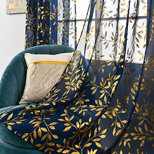 "Sutuo Home Blue Sheer Curtains 63 Inch Length 2 Panels, Luxury Gold Foil Print Metallic Bronzing Vine Leaves, Privacy Window Treatment Decor Voile Drape for Kitchen Living Room, 52"" W x 63"" L, Navy"