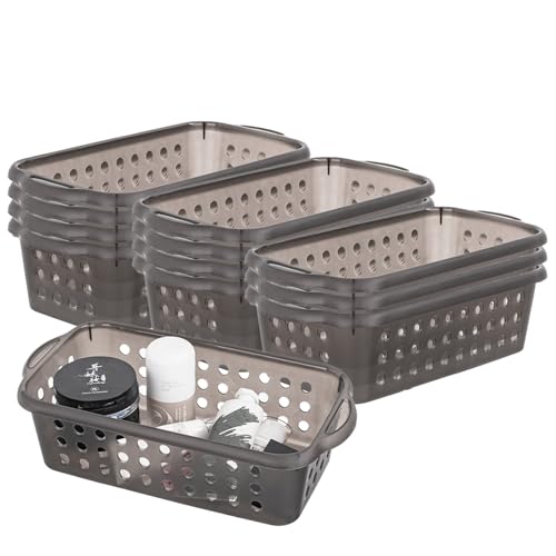 Cetomo Plastic Storage Baskets with Handle, Storage Boxes, Shelf Basket Organizer with Hole, Open Top Storage Bin for Shelves Home Kitchen Office, Clear Black, 12 Pack (30.5 x 15 x 8.5 cm)