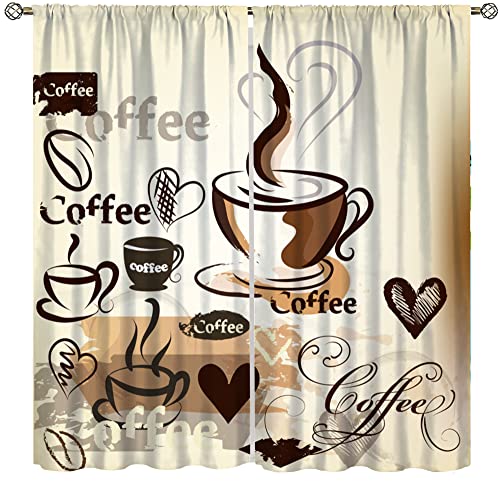 YCness Coffee Curtains for Kitchen Window Treatments, Coffee Theme Latte Tea Cup Kitchen Curtains for Living Room,Cafe Brown Drapes 2 Panel Sets,42x45 Inch
