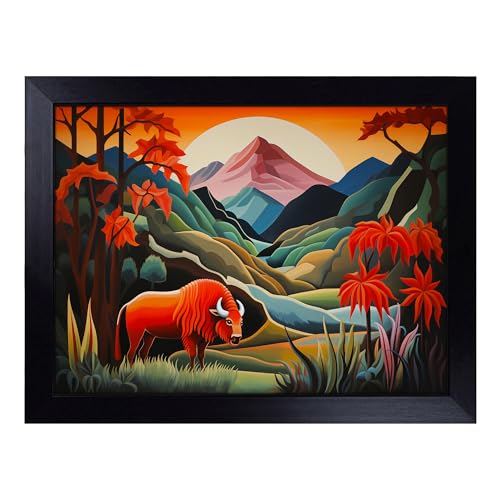 Lap Tray with Bean Bag Cushion, Bison Buffalo Art Deco - Handmade in the UK, Raised Wooden Edge, Padded Cushion, Heat-Resistant Wipe-Clean Surface, for Meals, Laptops and Crafts