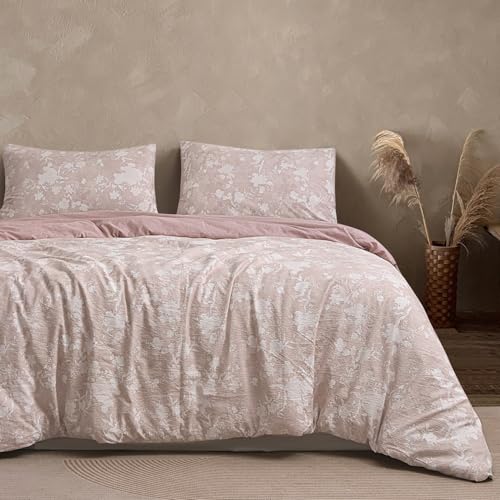 Colourful Snail Vintage Reversible Floral Duvet Cover Set, 100% Washed Microfiber Linen-Feel 3-Piece Bedding Set, Elegant Printed Botanical Pattern, Soft, Durable & Comfortable, Dusty Rose, Queen/Full