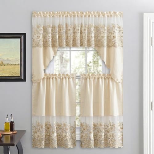 American Linen 3-Piece Sequin Embroidered Caf?? Curtain Set - 3-piece curtain set with matching valance and tiers. Floral embroidery, sequin accents, semi-sheer light-filtering fabric.