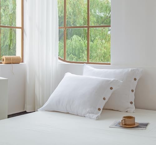 EVERLY 100% Linen Pillowcases Set of 2, French Linen from Normandy, 20X30Inch Standard Size, Natural Color, Coconut Buttons Closure, Flax Pillowshams-Pillowcase-White