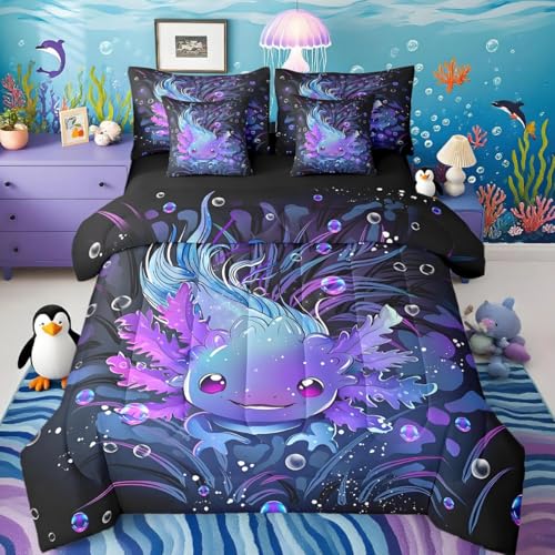 Feelyou Cute Axolotl Bed Set Boys Girls Twin Size Salamander 7 Pieces Bedding Set, for Women Men Ultra Soft Reptile Animal Bed in a Bag with Comforter, Sheets, Pillowcases Ocean Sealife Room Decor