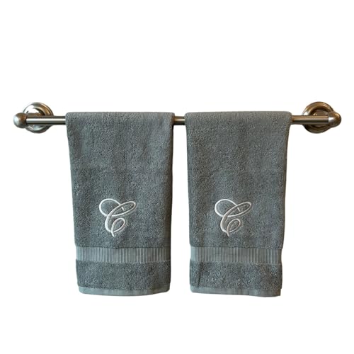 Gray Monogrammed Hand Towels for Bathroom - Luxury Hotel Quality Personalized Initial Embroidered Towel for Powder Room, Spa - GOTS Organic Certified - Set of 2 Silver Letter C