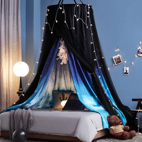 Kertnic Gorgeous Dolphin Printed Bed Canopy for Girls & Adults, Room Decorative Cozy Bed Curtain Canopy Drapes, Round Dome Luxurious Lace Princess Canopies Mosquito Netting (Dolphin)