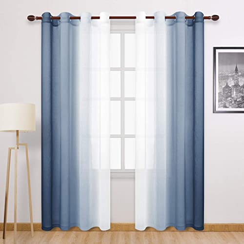 "DWCN - Set of 2 Ombre Faux Linen Sheer Window Curtain Panels - Ring Top for Bedroom and Living Room, 52"" x 108"", Denim Blue"