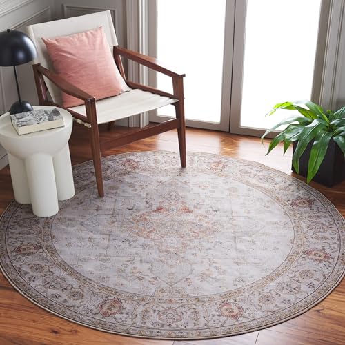 Safavieh Traditional Rug Ideal for High Traffic Areas - Machine Washable and Non Slip - Tucson Collection, Short Pile, in Light Grey and Rust, 90 x 90 cm