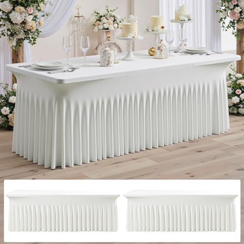 NSSONBEN 2 pk Ivory Spandex Tablecloth for 8 Foot Rectangle Tables,Wrinkle Free High Stretch Cream Fitted Tablecloths with Ruffle Skirt, Elastic Spandex Table Covers 8ft for Parties Weddings Banquet