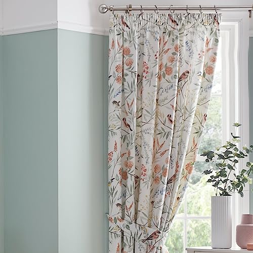 Dreams & Drapes - Salmon Peach Floral & Bird Curtains W66 x L72 (168 x 183cm) - 2x Panels - Floral Pencil Pleat in Terracotta - Garden Bird Curtains & Drapes for Bedroom - Botanical Pleated Curtains