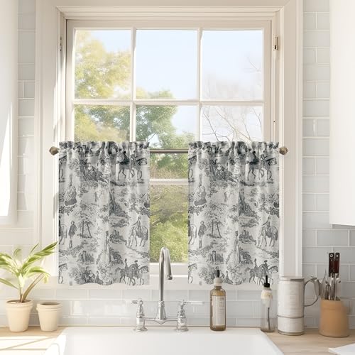 DriftAway Kitchen Curtains Toile Tier Linen Short Curtains Cafe 24 Inch Length for Living Room Bathroom Farmhouse French Country Vintage Printed Pattern Rod Pocket 2 Panels Black