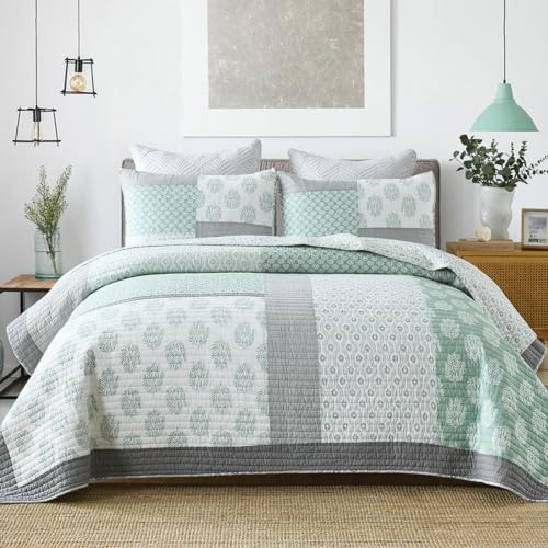 Finlonte Queen Size Quilt Set - 100% Cotton Comforter, Green Grey Farmhouse Quilted Bedspread, Patchwork Lightweight Reversible Bedding Set for Queen Bed, 3-Pieces