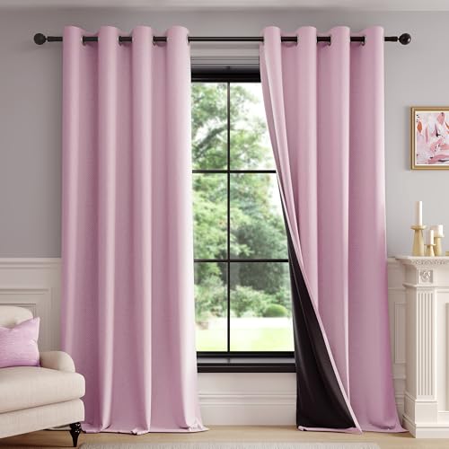 FMFUNCTEX 100% Blackout Blush Pink Curtains 84 Inch Grommet Drapes 2 Panels - Black out Drapes, Thermal Insulated Noise Reducing, Textured Weave, Room Darkening, Window Curtain, for Living Room,Grommet