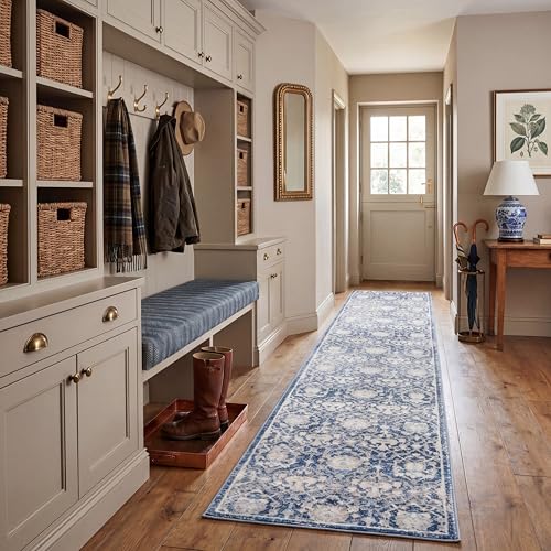 SAFAVIEH Traditional Rug for Living Room, Dining Room, Bedroom - Brentwood Collection, Short Pile, in Navy and CREME, 61 X 244 cm