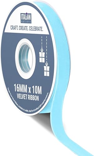 Italian Options Velvet Ribbon, Luxury, Single-Face Velvet Ribbon for Crafting, Christmas, Bows, Hair, Cakes, Weddings, Ornaments, Gift Wrapping, Flowers, 16mm x 10 Metre Roll, Soft Blue