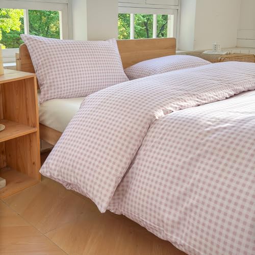 NSNLGSGC Pink Gingham Grid Duvet Cover Set King, 100% Washed Cotton Plaid Comforter Cover Set, Ultra-Soft & Lightweight Cottage Bedding Set(3PCS, King)