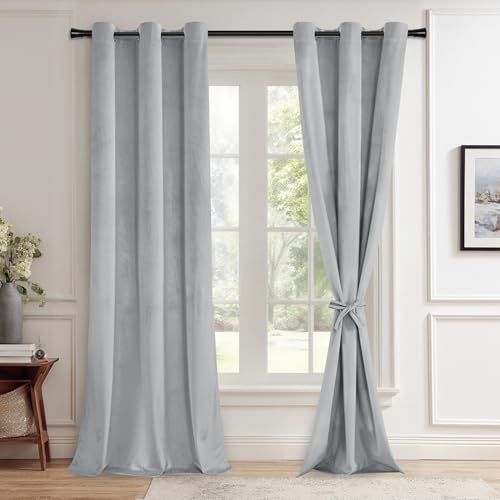 JIUZHEN Velvet Curtains for Living Room - Thermal Insualted Room Darkening Grommet Soft Retro Window Drapes for Bedroom/Sliding Door, Set of 2 Panels with Tiebacks,42W x 90L???Silver Grey