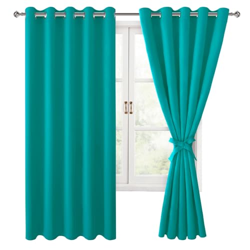 Hiasan Blackout Curtains for Bedroom, 60 x 63 Inches Length - Thermal Insulated & Energy Saving Window Curtains for Living Room, 2 Drape Panels Sewn with Tiebacks, Peacock Teal