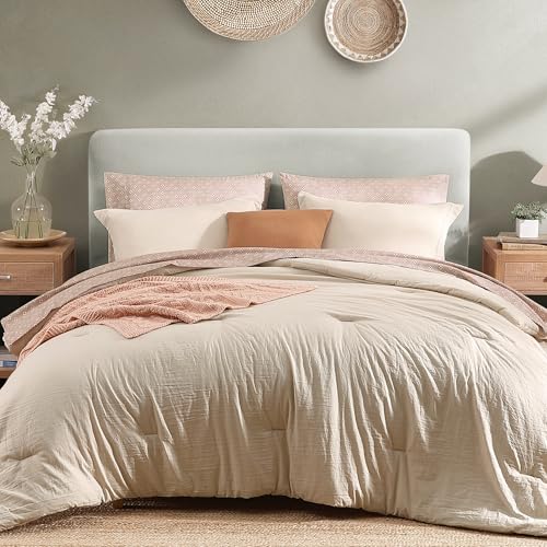 Monbix Full Size Comforter Sets-7 Pieces Soft Bed in a Bag Full Bedding Set - All Season Oatmeal Prewashed Lightweight Comforter Bed Set with Printed Sheets, Pillowcases & Shams
