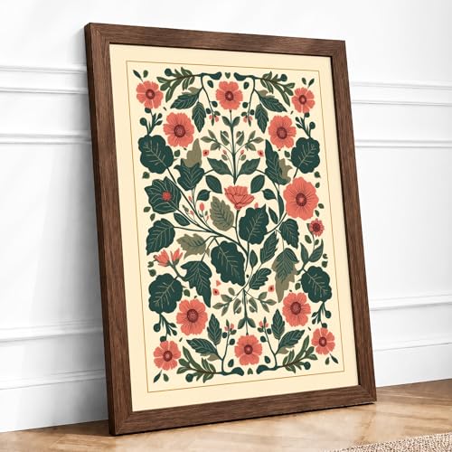 Symmetrical Floral Tapestry Botanical Framed Wall Art Print A2 Walnut