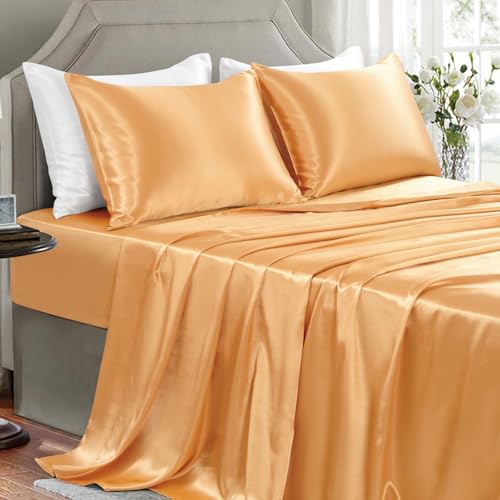 GOLAL Gold Satin Sheets King Size - 4 Pieces Luxury Silky Soft Bed Sheets - OEKO-TEX Certified Wrinkle-Free Silky Soft Sheets Friendly for Hair and Skin,Designed for Elegant Bedroom Decor