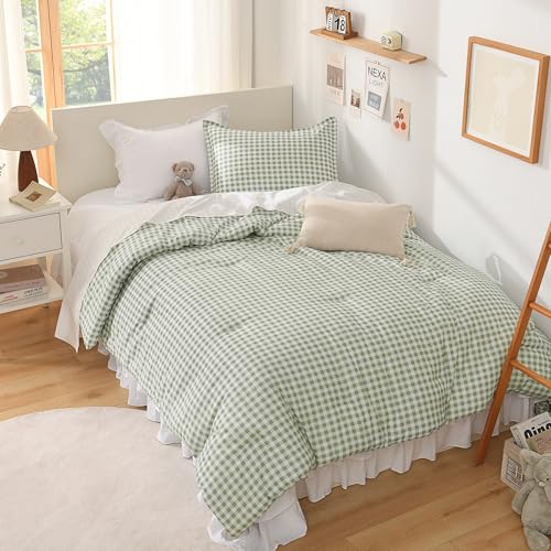 Andency Sage Gingham Comforter Set Full, Green Checkered Grid Plaid Bedding - 3 Pieces Lightweight Soft Bed Set for Teens Boys Girls Kids Teens, Geometric Reversible Preppy Bedding as Gift (79x90Inch)