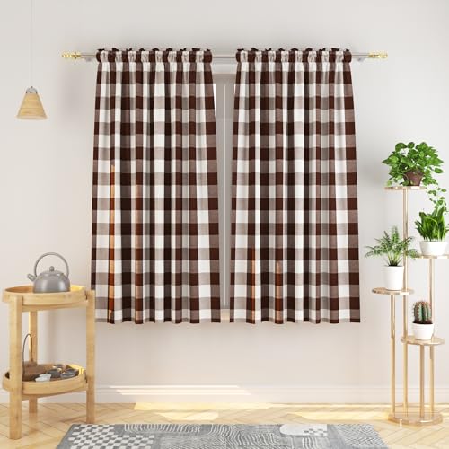 NATUS WEAVER Buffalo Check Curtains 63 inches Long Cotton Basement Gingham Plaid Kitchen Window Curtain Panels Living Room Checker Drapes Bedroom Rod Pocket Window Treatment 2 Panels Brown and White