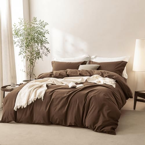 BDEAR Linen Feel Cocoa Brown Duvet Cover Super Queen Size 98'' L x 90'' W, 100% Washed Cotton Duver Cover with Zipper Closure Plus 2 Pillowcases, Oeko TEX Standard Certificated