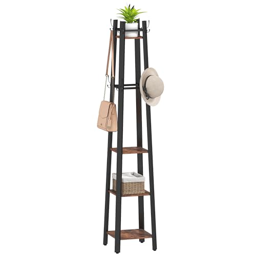 HOMCOM Coat Stand, 4 Tier Freestanding Coat Rack with 8 Hooks and 4 Shelves for Clothes, Bags, Hats, Industrial Clothing Organiser for Home, Entryway, Hallway, Bedroom, Rustic Brown