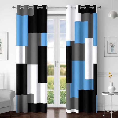 Tyrot Light Blue Black and Grey Blackout Curtains, 52x63 - 100% Black Out Curtains, Thermal Insulated, Light Blocking, Room Darkening, Grommet Top, Window Drapes, 52Wx63L, 2 Panels