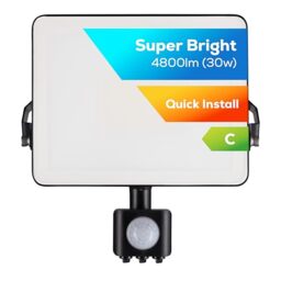 TCP 30W LED Security Floodlight w PIR Sensor, Outdoor, Bright 4800lm, Cool White 4000K, IP44 Waterproof, Easy Install Long Adjustable Bracket, Easy Push Connector, Enery Class C, No Plug Garage Garden