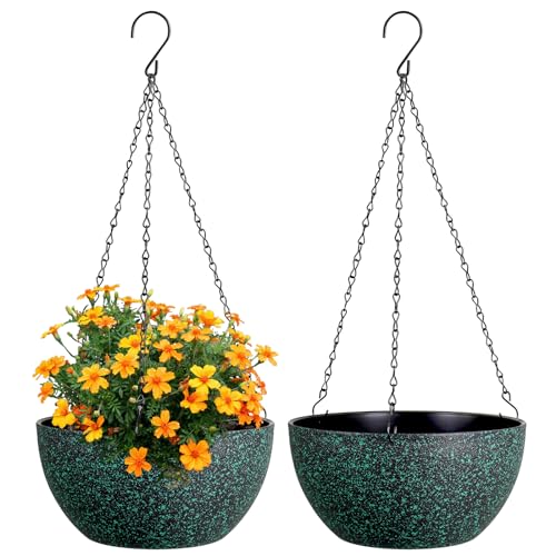 Meowell 8 inch Small Hanging Planters for Indoor Outdoor Plants, 2 Pack Hanging Flower Pots with Drainage Holes and Chain, Plastic Hanging Baskets for House Plants, Black with Green Speckles