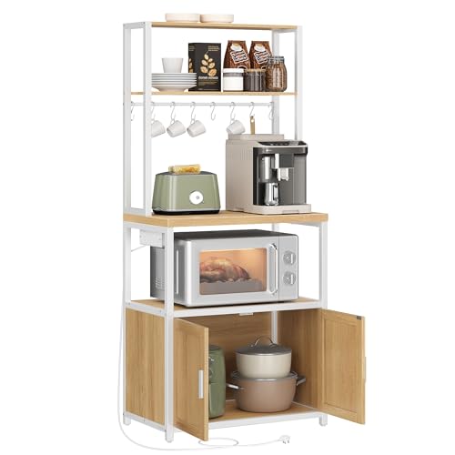 VASAGLE Kitchen Bakers Rack with Power Outlet, Coffee Bar Cabinet with 90 cm High Worktop, Microwave Stand with 8 Hooks, 40 x 60 x 170 cm, Golden Oak and Cloud White KKS058Y01