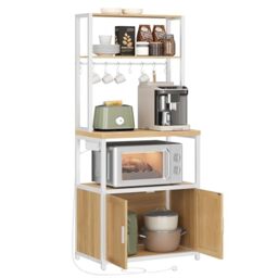 VASAGLE Kitchen Bakers Rack with Power Outlet, Coffee Bar Cabinet with 90 cm High Worktop, Microwave Stand with 8 Hooks, 40 x 60 x 170 cm, Golden Oak and Cloud White KKS058Y01