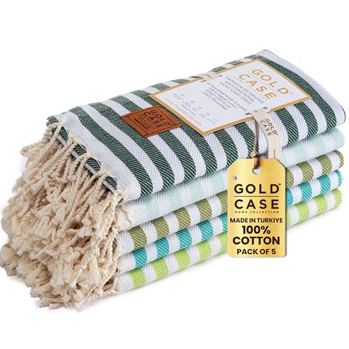 Gold CASE Turkish Hand Towels Set of 5 ??? 100% Cotton Hand Towels for Bathroom 20 x 40'' ??? Soft & Quick Dry Cotton Towel for Hands, Hair, SPA & Gym ??? Elegant Bathroom Towel Set in Green