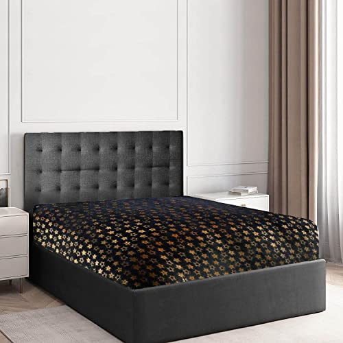 GC GAVENO CAVAILIA Teddy Fleece Star Foil Duvet Set, Super Soft Fluffy Cosy Warm Shiny Bedding & Bedsheet, 2 Piece Easy Care DuvetCover & Deep Elastic Band Bedlinen, Charcoal, King Fitted Sheet