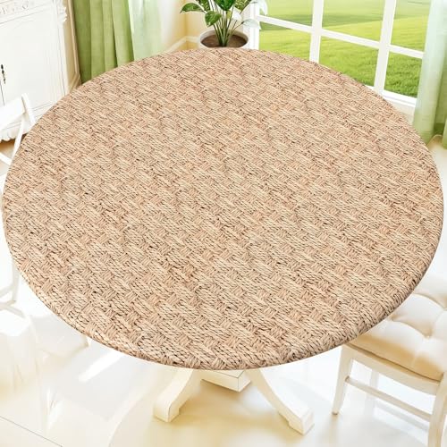 Moosfor Printed Spandex Round Tablecloth Fitted Table Cloth for 45-56 Table - Circle Patterned Elastic Table Cover, Stretch Washable Table Cloths for Picnic, Patio, Dining, Kitchen, Weave