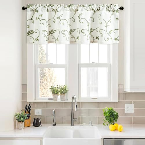 VOGOL Green Vine Embroidered Bedroom Valance, Linen Textured Rod Pocket Curtain Valances for Living Room, Thick Fabric Privacy Window Topper for Dorm Room, 1 Panel, 60Wx18L