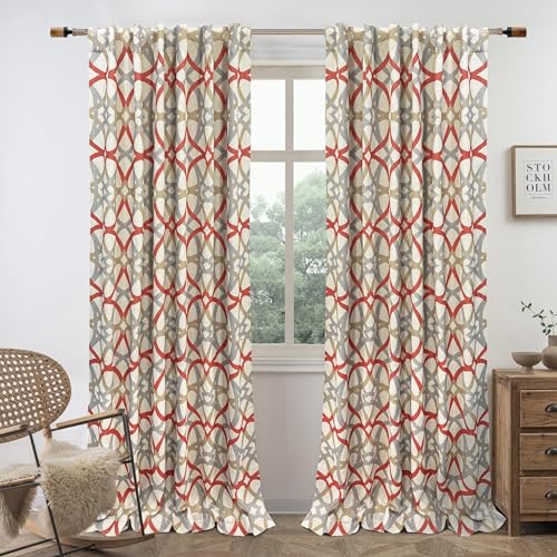 DriftAway Alexander Blackout Curtains for Living Room Linen Blend Pattern Match Thermal Insulated Room Darkening Geo Moroccan Mid Century Back Tab Bedroom Drapes 2 Panels 52 x 96 Inch Linen Red
