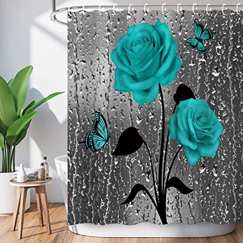 LIVILAN Teal & Turquoise Shower Curtains, 72W x 72H Inch with Hooks - Rose Fall Raindrop Dark Blue Floral on Grey Shower Curtains for Country Bath Decor
